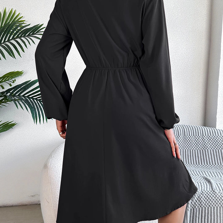 Elegant Button Front Lantern Sleeve Dress - Cinched Waist