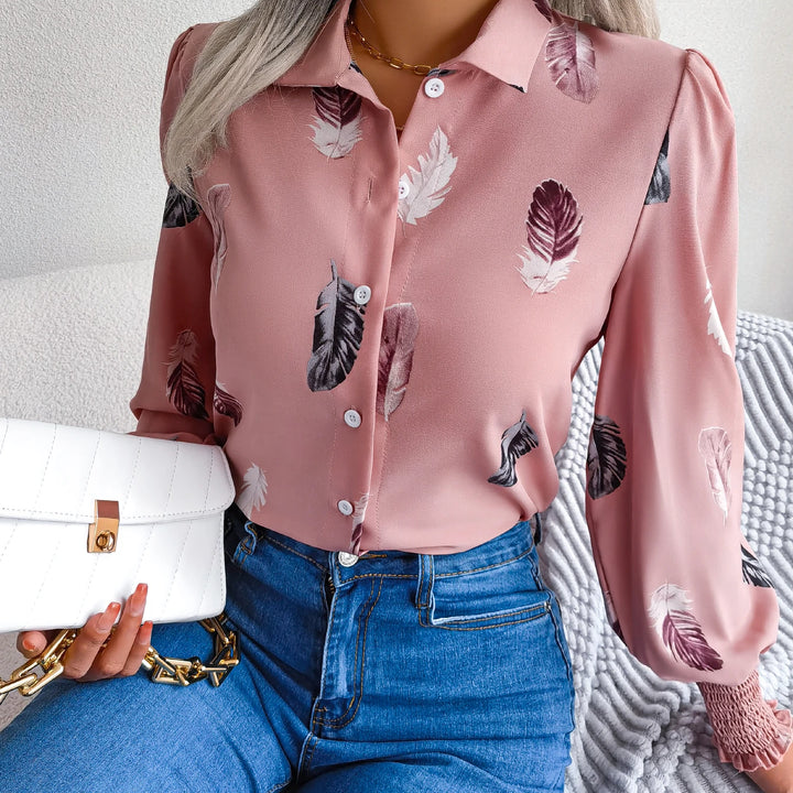 Casual Lantern Sleeve Button Front Turn Down Collar Feather Print Shirt