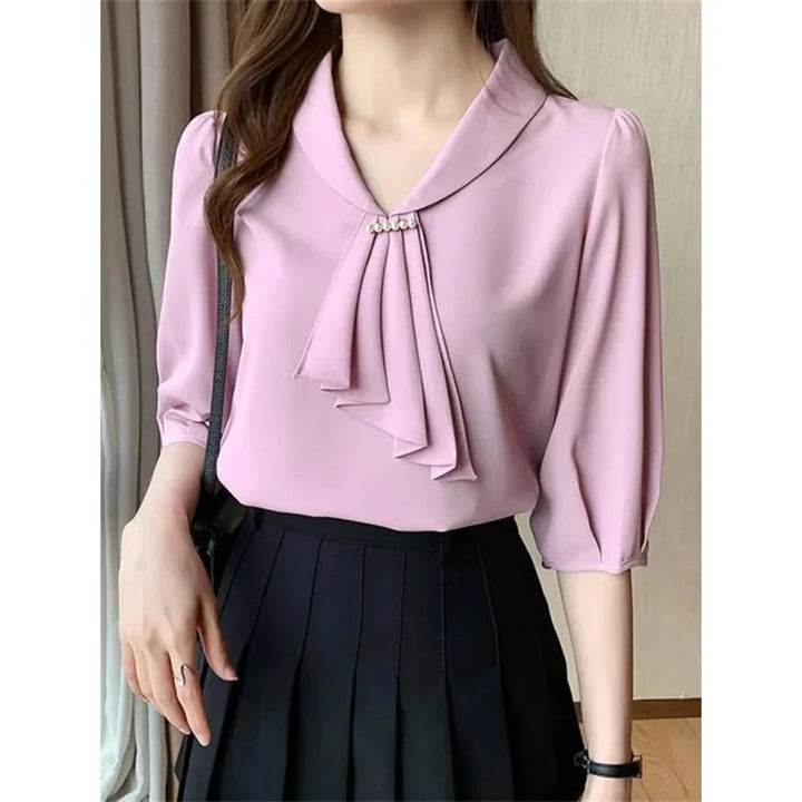 Women Summer Bow Tie Collar Blouse - Short Sleeve Office Pink Shirt