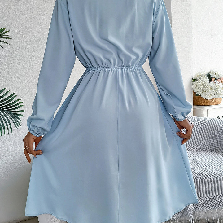 Elegant Button Front Lantern Sleeve Dress - Cinched Waist