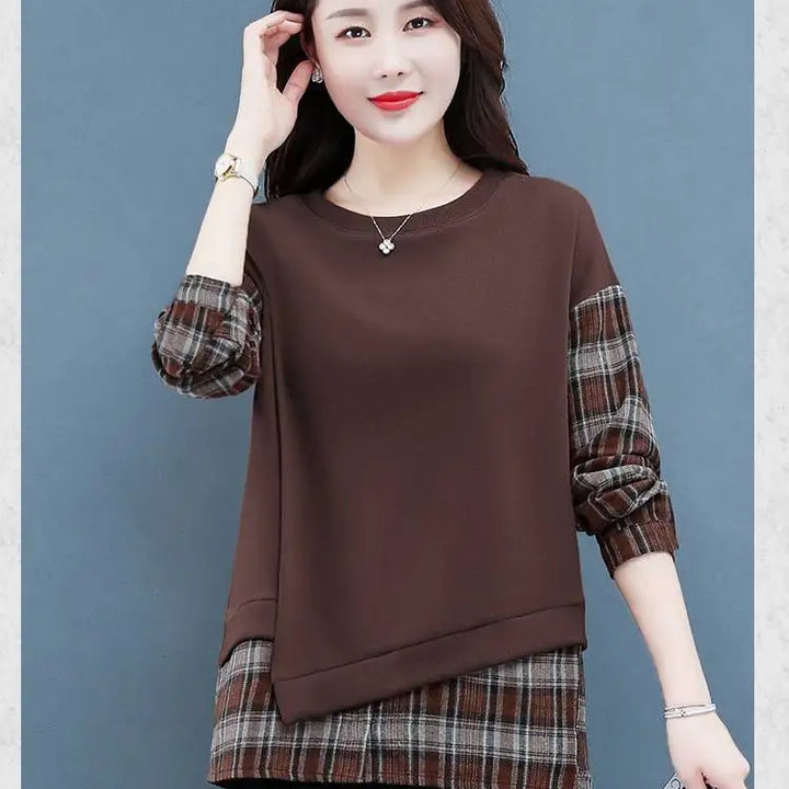 Autumn Plaid Sweatshirt - Casual Round Neck Long Sleeve Patchwork Top