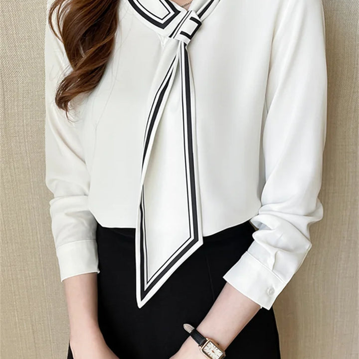 White Chiffon Blouse - Elegant Scarf Collar Long Sleeve Office Top