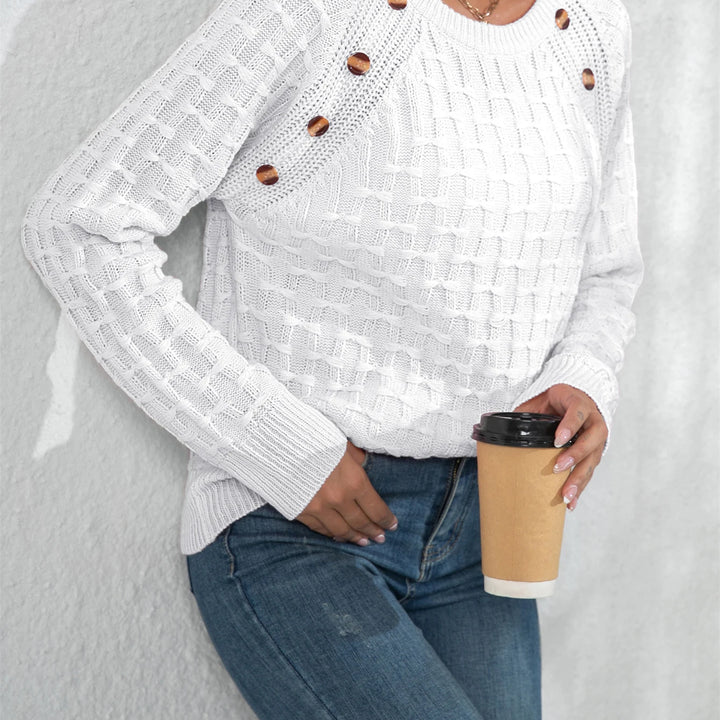 Casual Round Neck Twisted Button Sweater - Long Sleeve Knitted Pullover