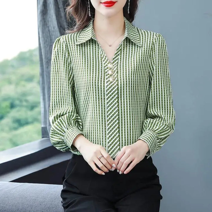 Striped Print Fashion Blouse - Elegant Office Lady Long Sleeve Shirt