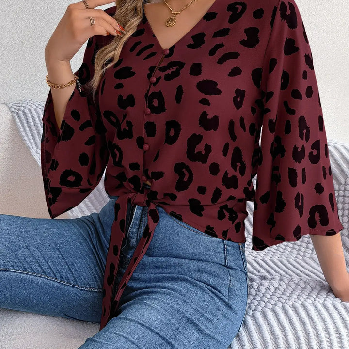 Casual V Neck 3/4 Sleeve Button Front Leopard Print Blouse, Women's Clothing