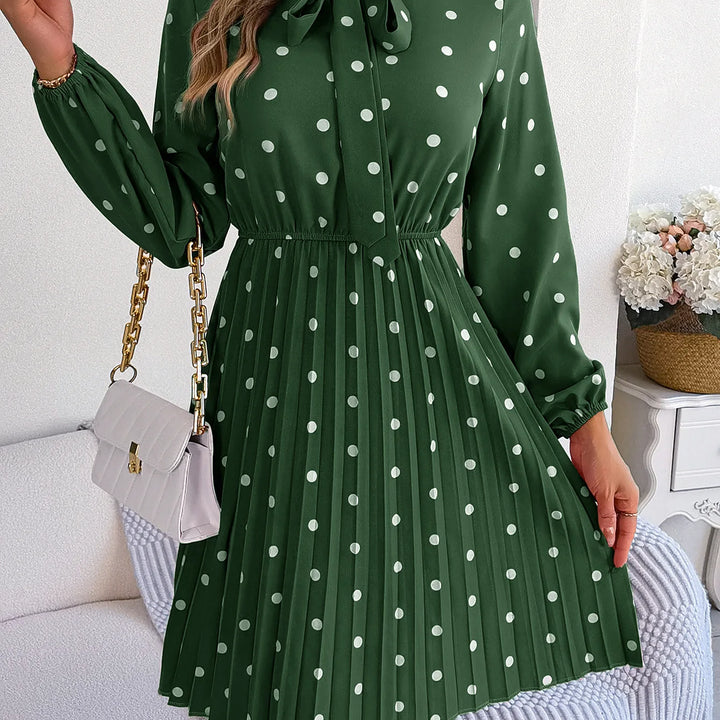 Casual Tie-neck Polka-dot Print Cinched Waist Pleat Dress For Women