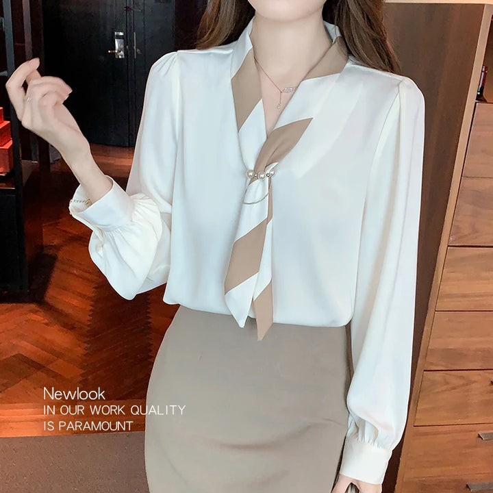 Chiffon Blouse for Women - Elegant Lace-Up V-Neck Long Sleeve Office Top