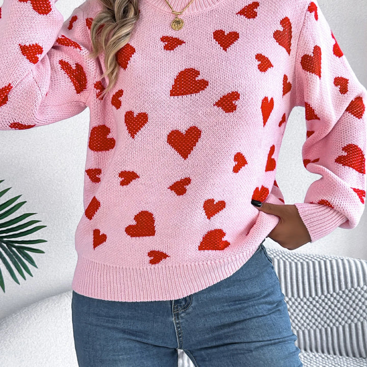 Autumn Winter Love Pattern Knitted Pullover - Round Neck Long Sleeve Sweater