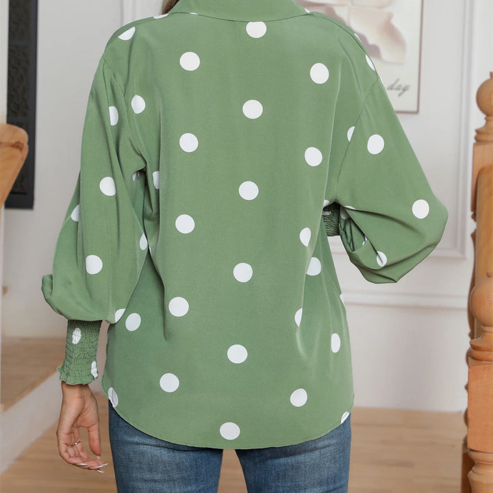 Casual Lapel Button Down Balloon Polka Dot Print  Lantern Sleeve Shirt