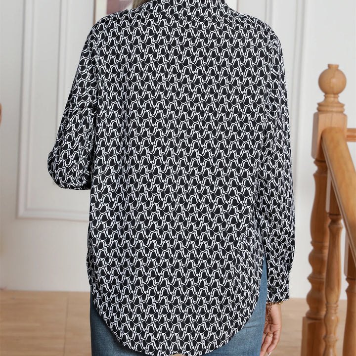 Casual Lapel Button Front Geometric Pattern Printed Long Sleeved Shirt For Women Blouse