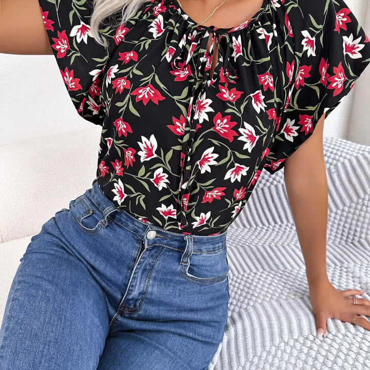 Floral Drawstring Blouse - Casual Crew Neck Short Sleeve Top