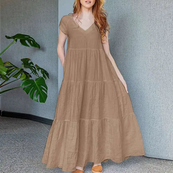 ZANZEA Elegant Pleated V-Neck Dress - Short Sleeve Casual Beach Sundress