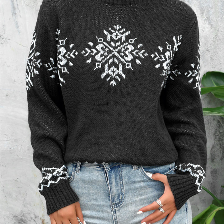 Elegant High Neck Snowflake Jacquard Knitted Pullover - Women's Woolen Long Sleeve