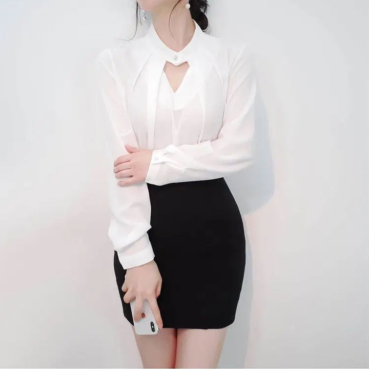 olid Chiffon Blouse - Slim Long Sleeve Hollow Sexy Spring Summer Top