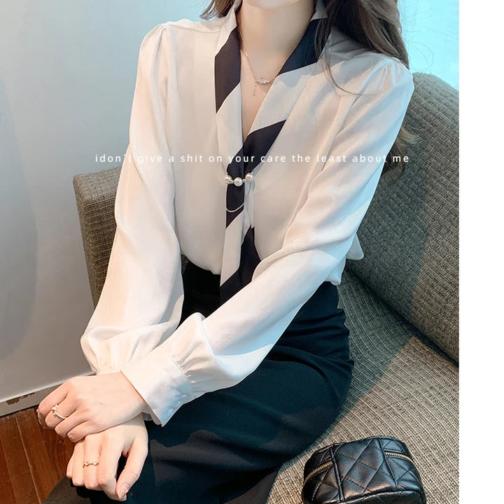 Chiffon Blouse for Women - Elegant Lace-Up V-Neck Long Sleeve Office Top