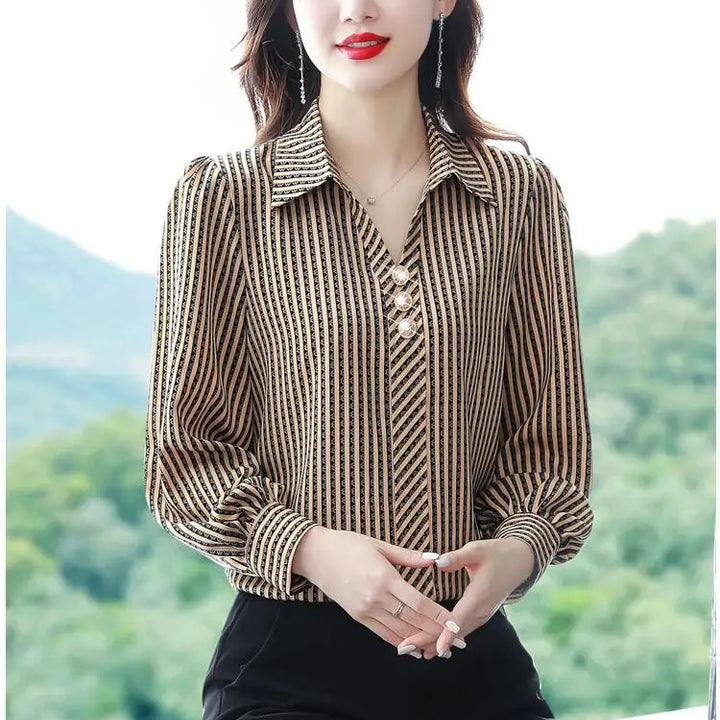 Striped Print Fashion Blouse - Elegant Office Lady Long Sleeve Shirt