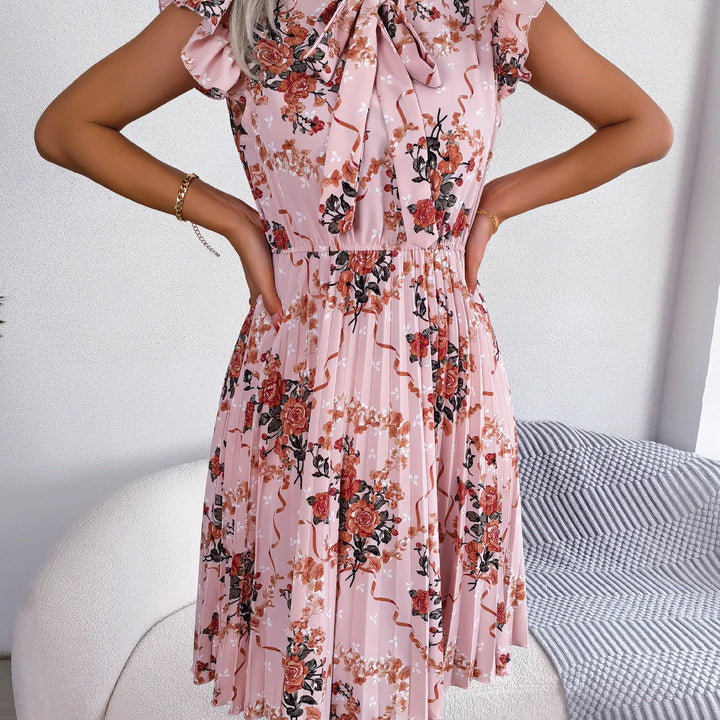 Casual Floral Print Ruffle Trim Slim Waist Pleated Dress