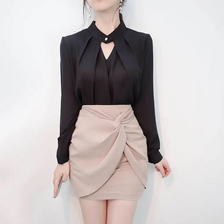 olid Chiffon Blouse - Slim Long Sleeve Hollow Sexy Spring Summer Top