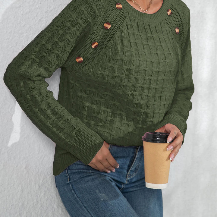 Casual Round Neck Twisted Button Sweater - Long Sleeve Knitted Pullover