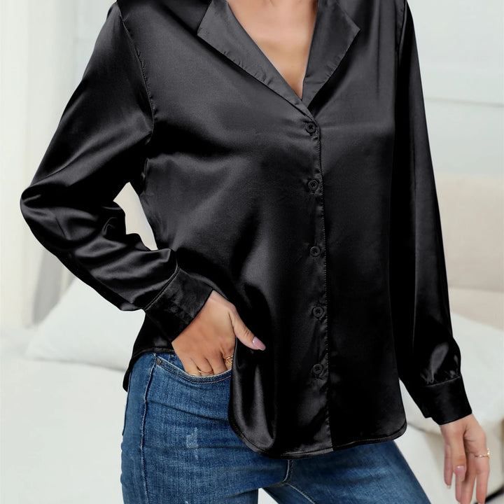 Casual Suit Collar Button Front Long sleeved Solid Color Satin Shirt For Women Blouse