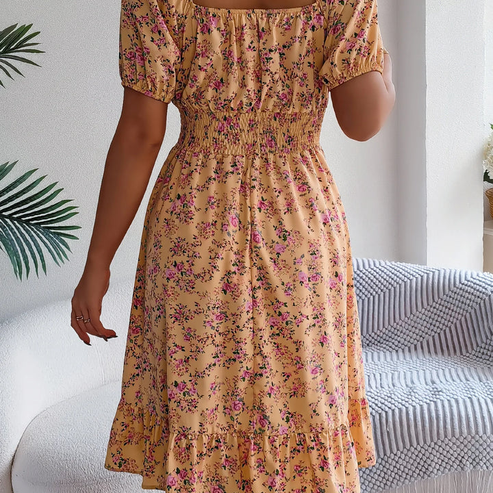 Casual Square Neck Shirred Waist Floral Print Short Sleeve Ruffle Hem Dress For Summer