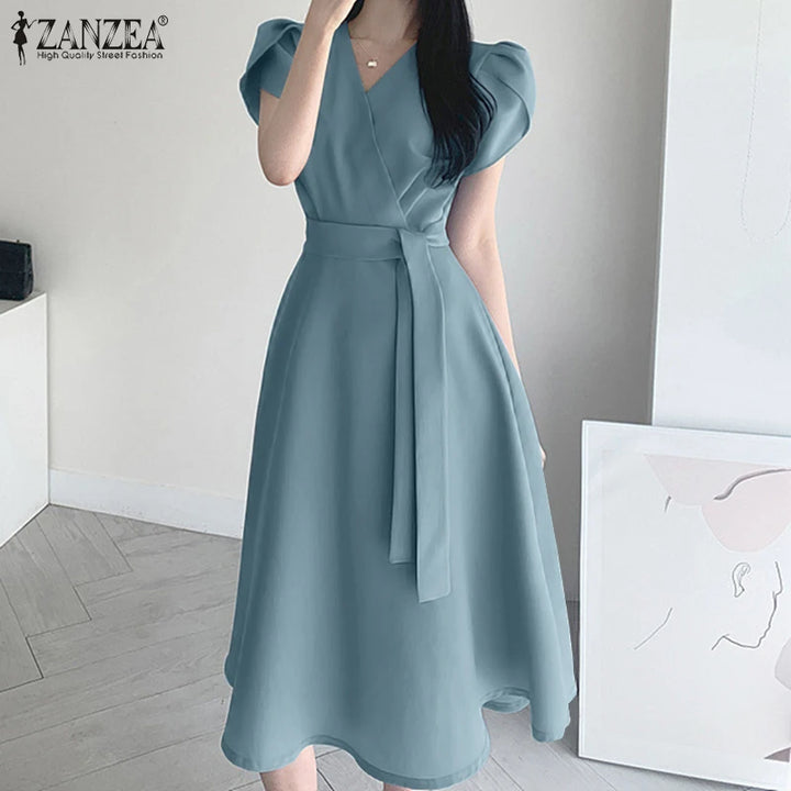 ZANZEA Elegant A-Line Summer Dress - Short Sleeve Casual Work Kaftan