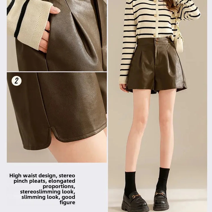 Women's High-Waisted Slimming A-Line Leather Shorts in Coffee Color