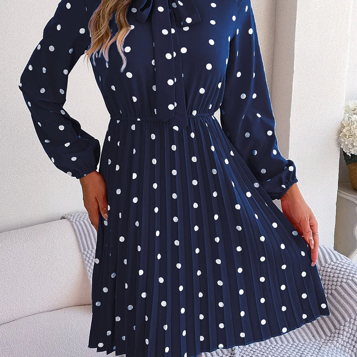 Casual Tie-neck Polka-dot Print Cinched Waist Pleat Dress For Women