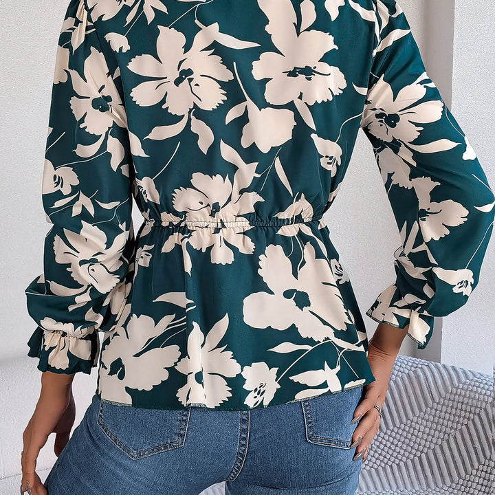 Vacation Style Tie Neck Long Sleeve Waist-tied Floral Print Blouse