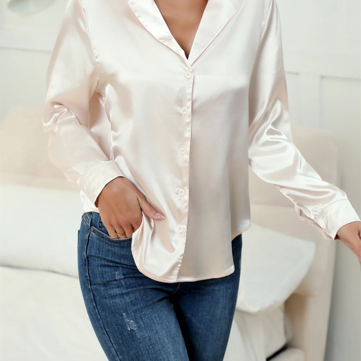 Casual Suit Collar Button Front Long sleeved Solid Color Satin Shirt For Women Blouse