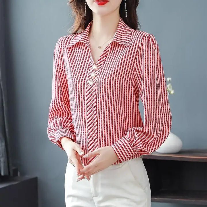 Striped Print Fashion Blouse - Elegant Office Lady Long Sleeve Shirt