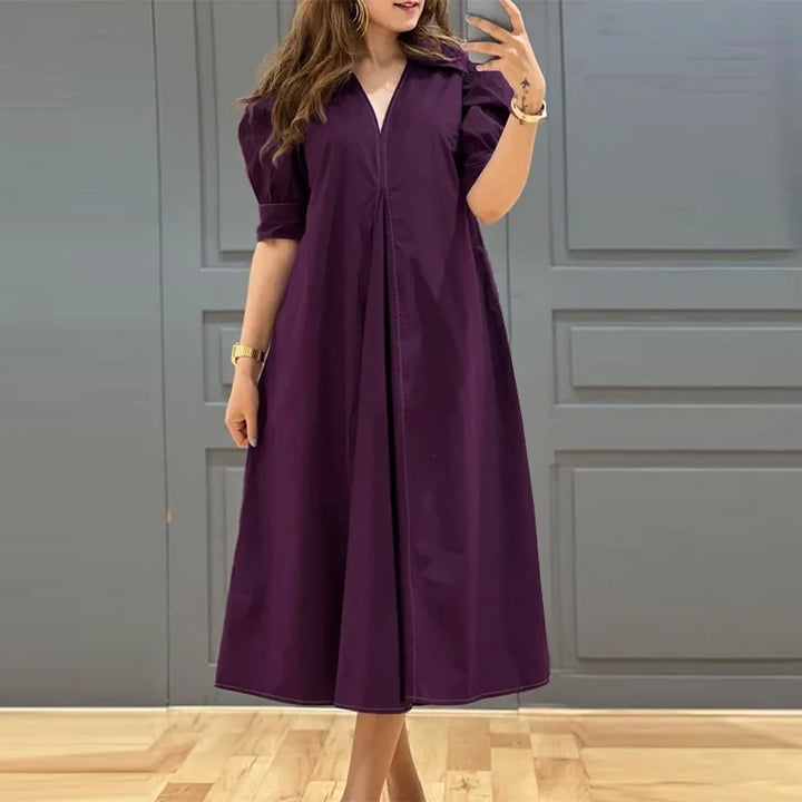 ZANZEA V-neck Pleated Midi Dress with puff sleeves, loose fit