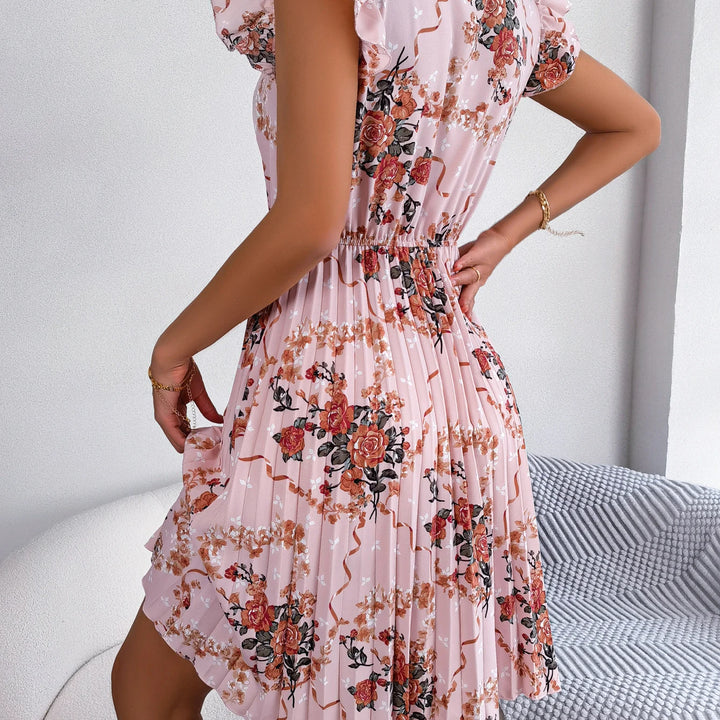 Casual Floral Print Ruffle Trim Slim Waist Pleated Dress