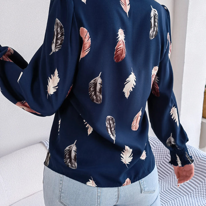 Casual Lantern Sleeve Button Front Turn Down Collar Feather Print Shirt