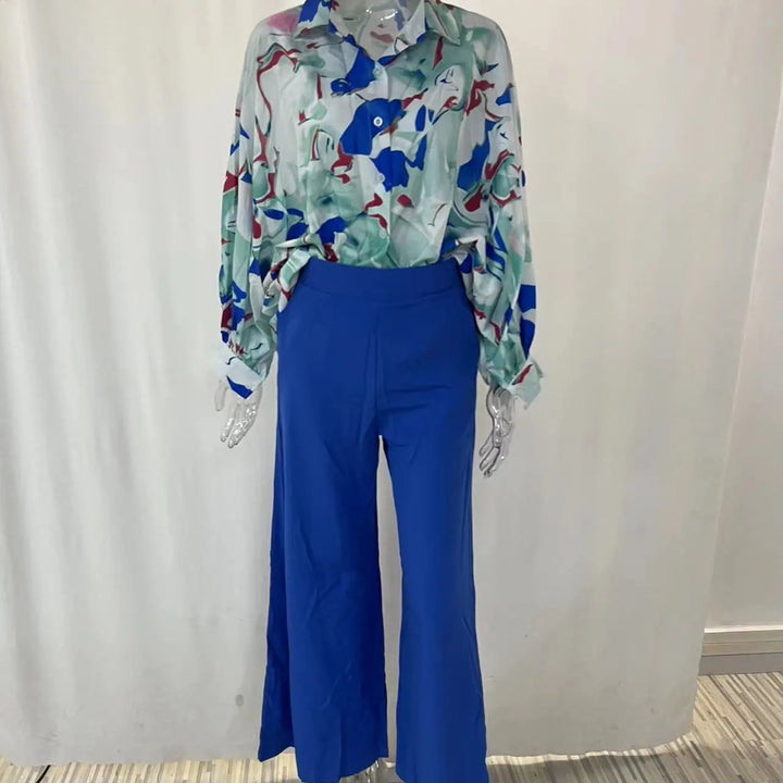 Spring & Autumn 2-Piece Set - Printed Shirt with Elegant Wide-Leg Pants