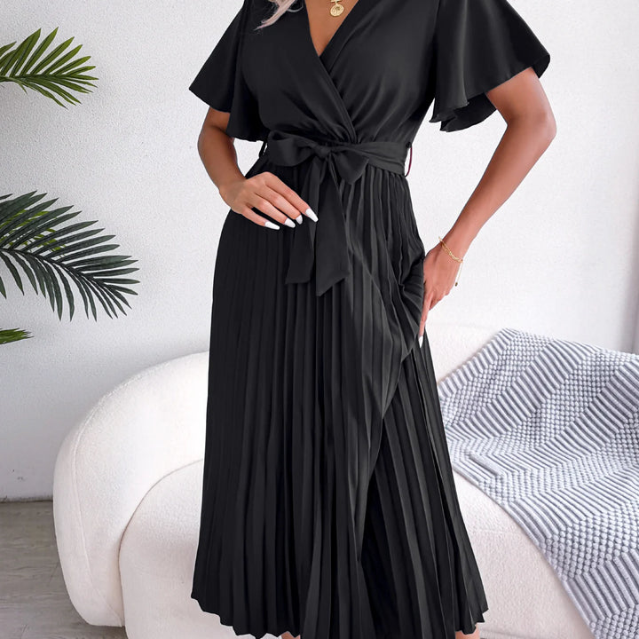 Elegant High Waist Ruffled Sleeve Pleated Maxi Dress