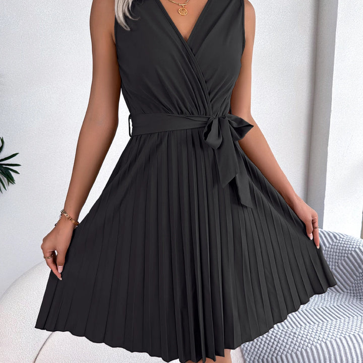 Casual V Neck Solid Sleeveless Versatile Pleated Dress, Women's Clothing