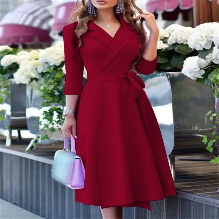 Women's V-Neck Mid-Sleeve Belted Commuter Dress