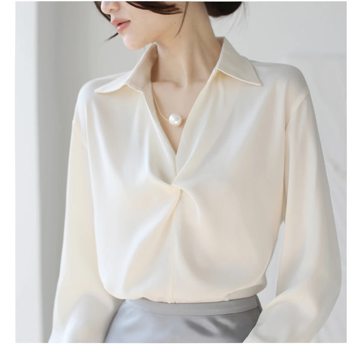 Autumn Casual Turn-Down Collar Blouse - Off-White Chiffon Long Sleeve Shirt