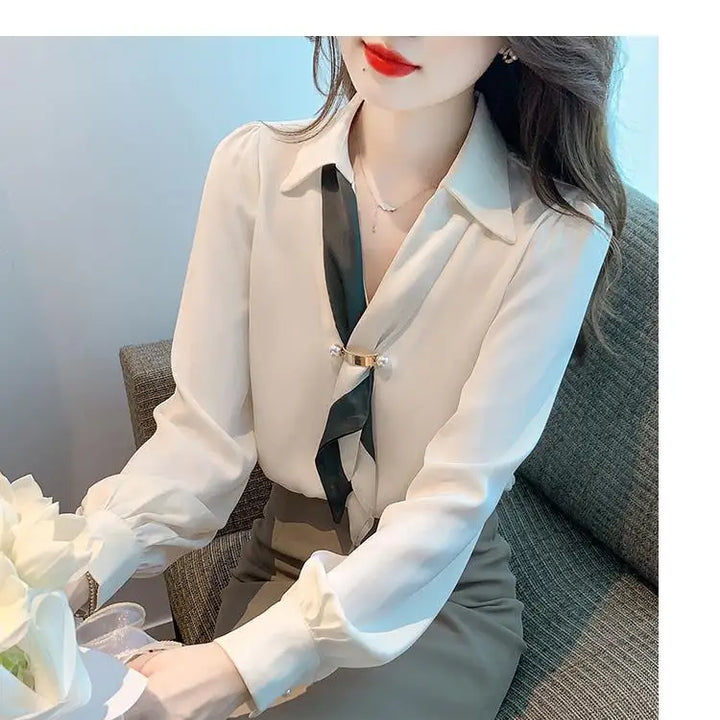 Women’s Bow Tie Blouse - Elegant Korean Fashion V-Neck Long Sleeve Office Top