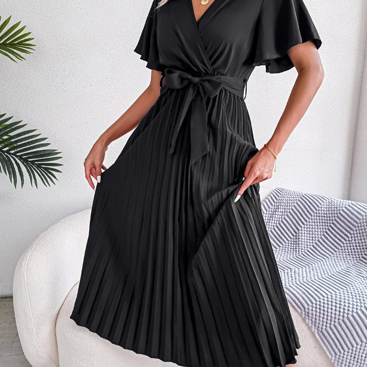 Elegant High Waist Ruffled Sleeve Pleated Maxi Dress