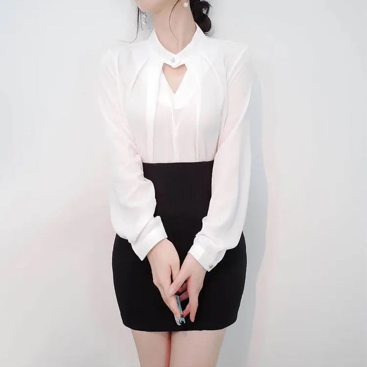 olid Chiffon Blouse - Slim Long Sleeve Hollow Sexy Spring Summer Top