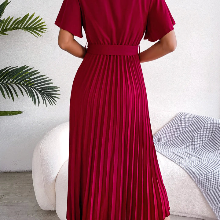 Elegant High Waist Ruffled Sleeve Pleated Maxi Dress