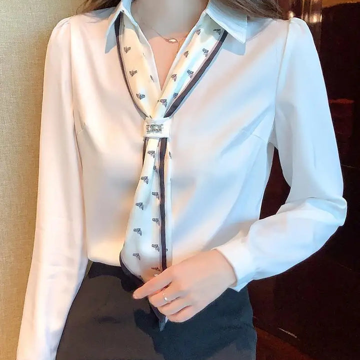 Women's Polo-Neck Blouse - Bow Patchwork Long Sleeve Office Casual Top