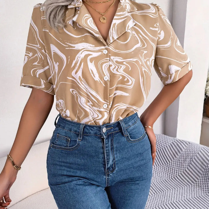 New Casual Lapel Button Front Ripple Print Short Sleeve Shirt For Summer Women's Clothing