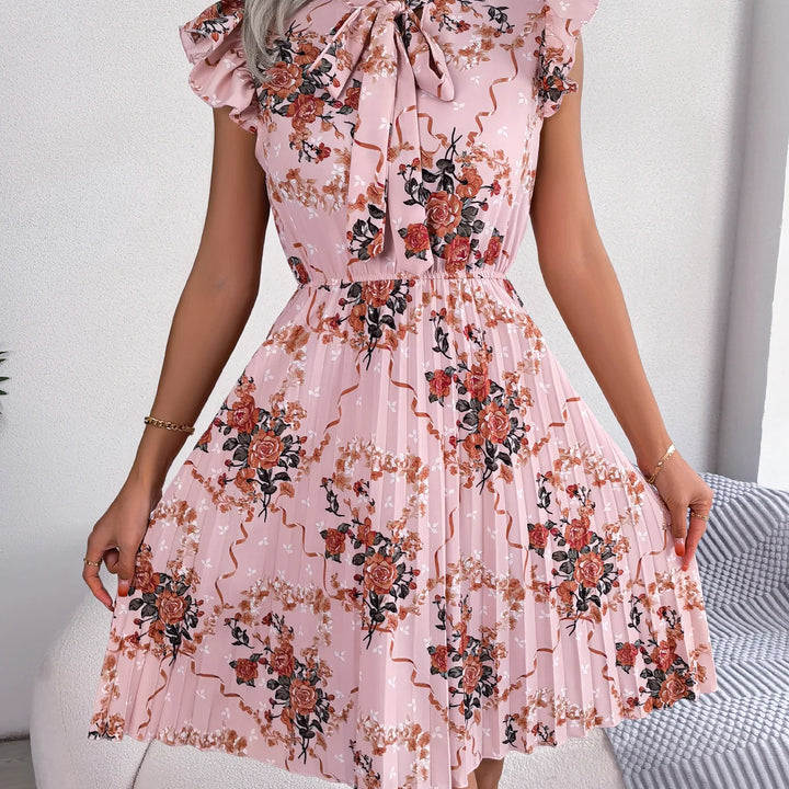 Casual Floral Print Ruffle Trim Slim Waist Pleated Dress