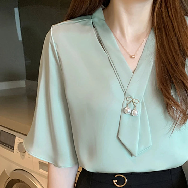 Short Sleeve V-neck Chiffon Blouse - Breathable Slim Elegant Summer Office Top