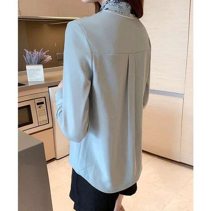 Spring Autumn Scarf Collar Shirt - Elegant Long Sleeve Office Blouse