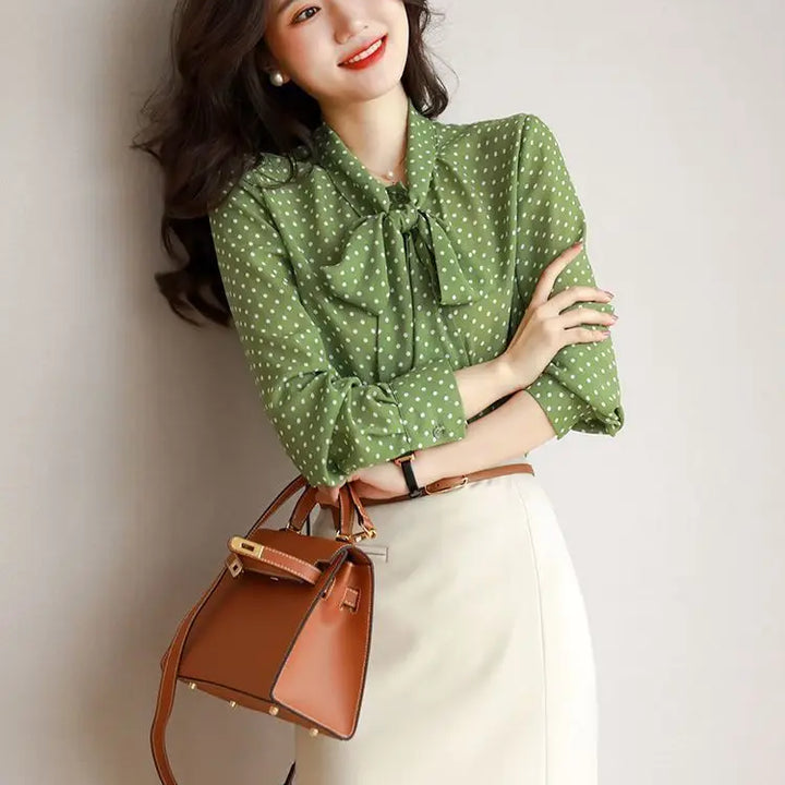 Spring Autumn Shawl Collar Blouse - Bow Polka Dot Long Sleeve Cardigan