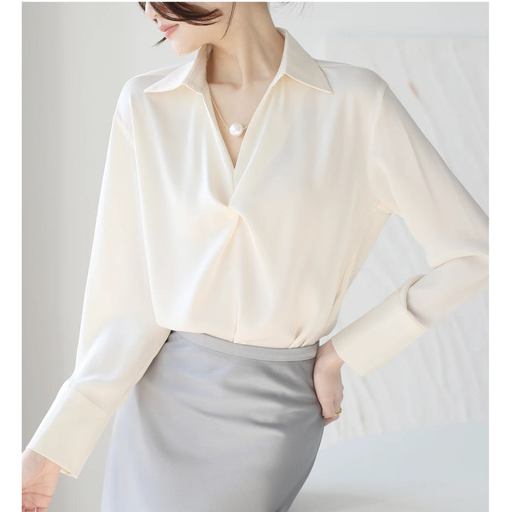 Autumn Casual Turn-Down Collar Blouse - Off-White Chiffon Long Sleeve Shirt